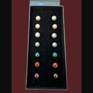925 Sterling Silver Set Of 7 Natural Pearl Earrings New In Box
